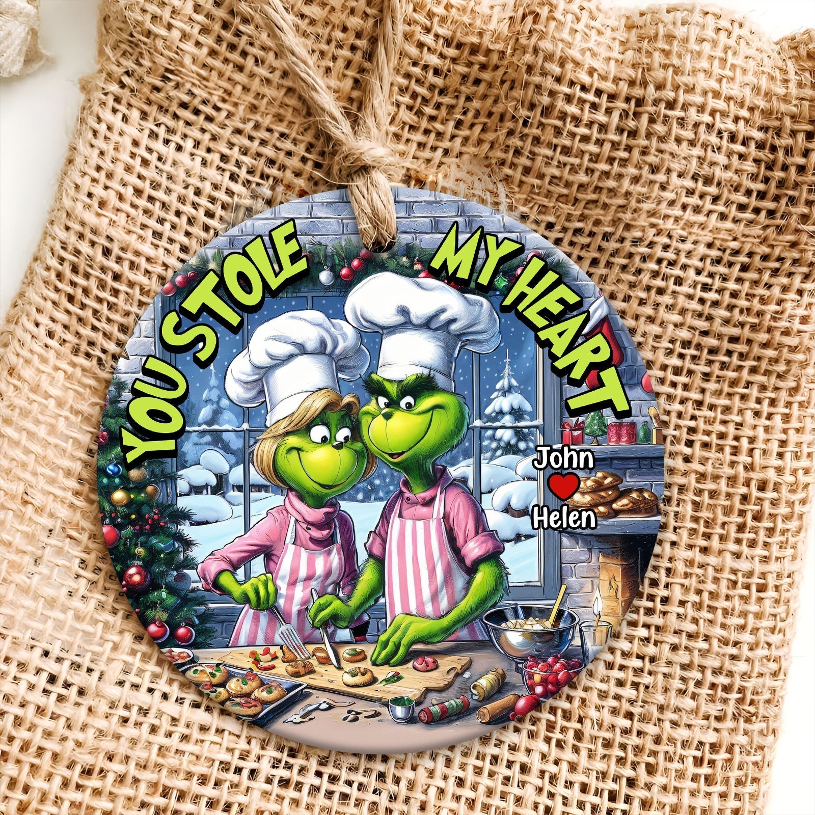 365Gifty personalized couple ornament featuring Grinch characters baking with text you stole my heart and customizable names
