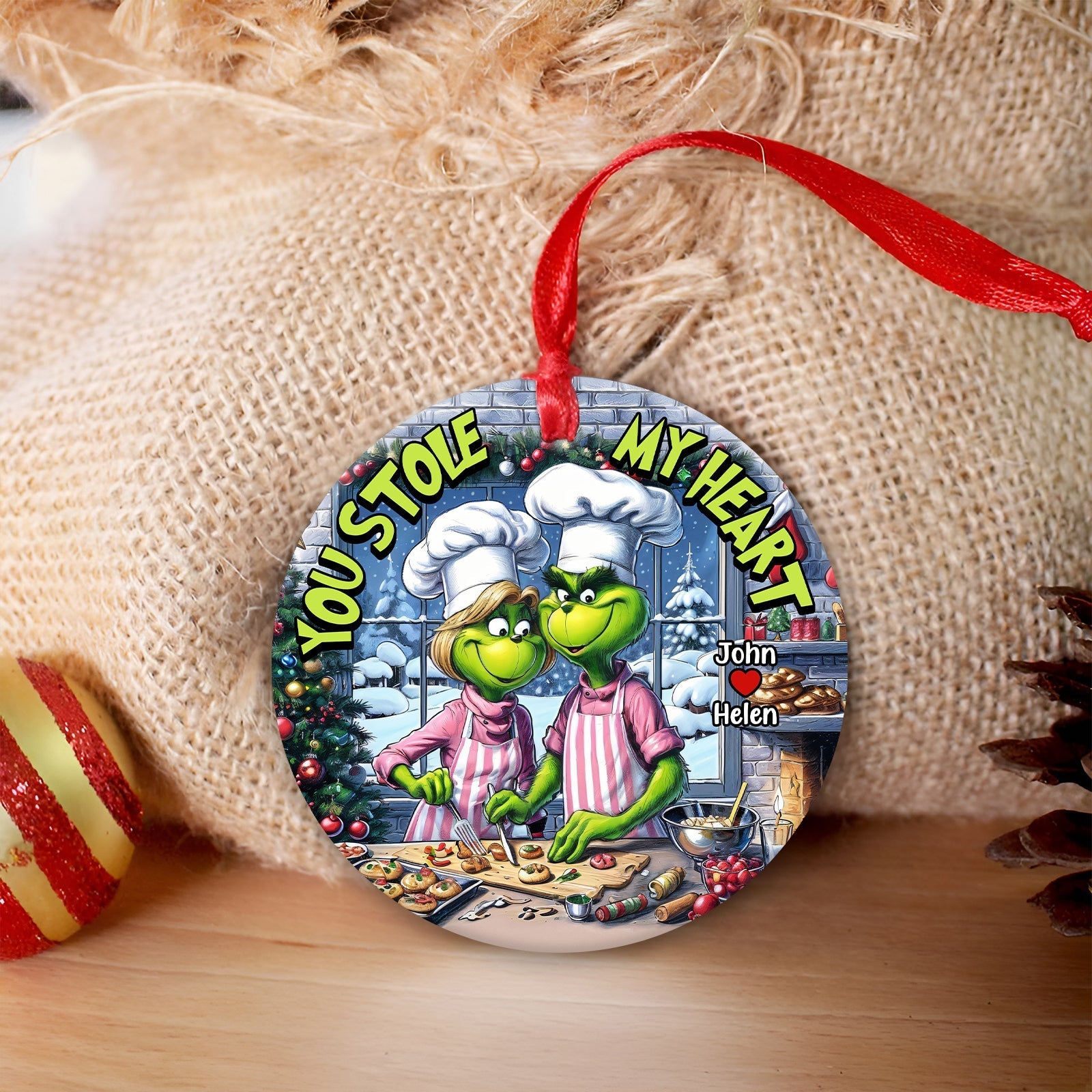 Personalized couple ornament with cartoon Grinch couple baking cookies with you stole my heart text