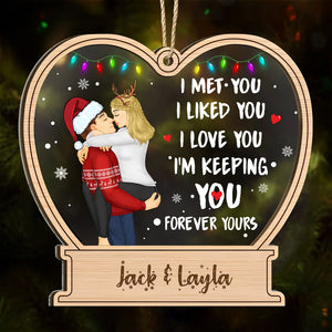 Heart-shaped personalized couple ornament with custom names and romantic holiday illustration
