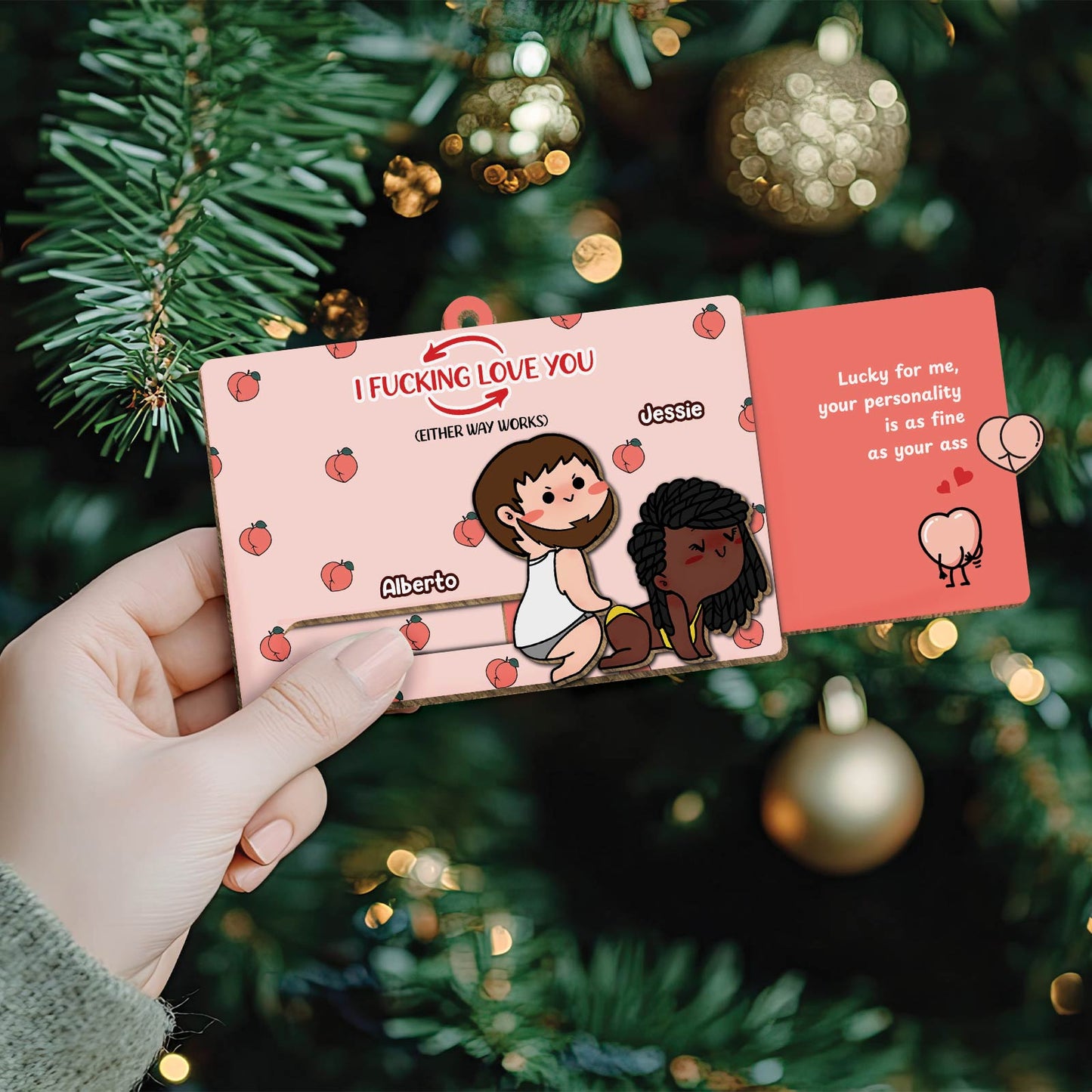 Personalized couple ornament card with cartoon characters and custom names Alberto and Jessie