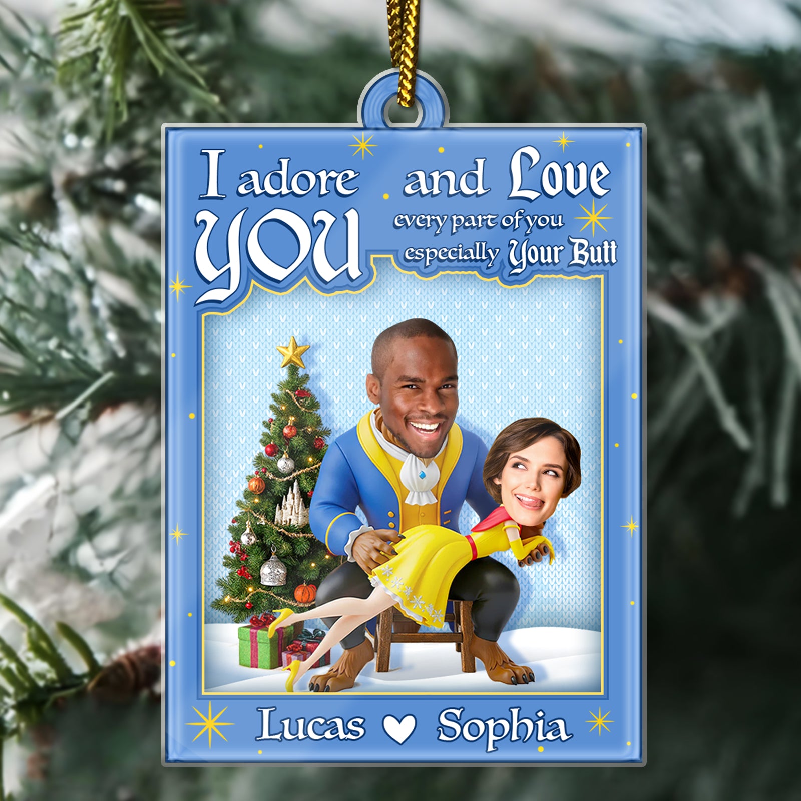 Personalized couple ornament featuring a couple with a holiday theme and playful text for keepsake decorations