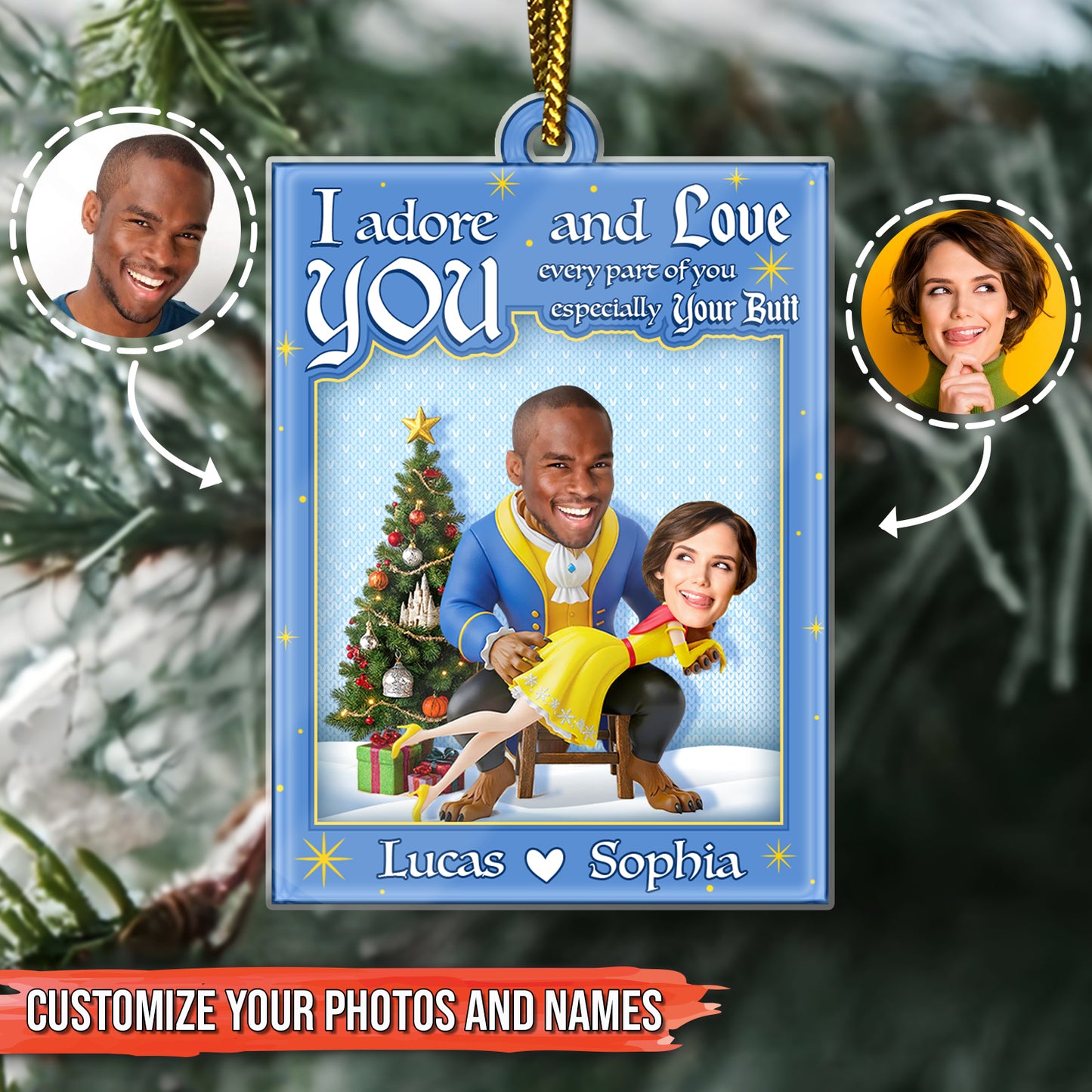 Personalized couple ornament featuring a whimsical design with custom names Lucas and Sophia