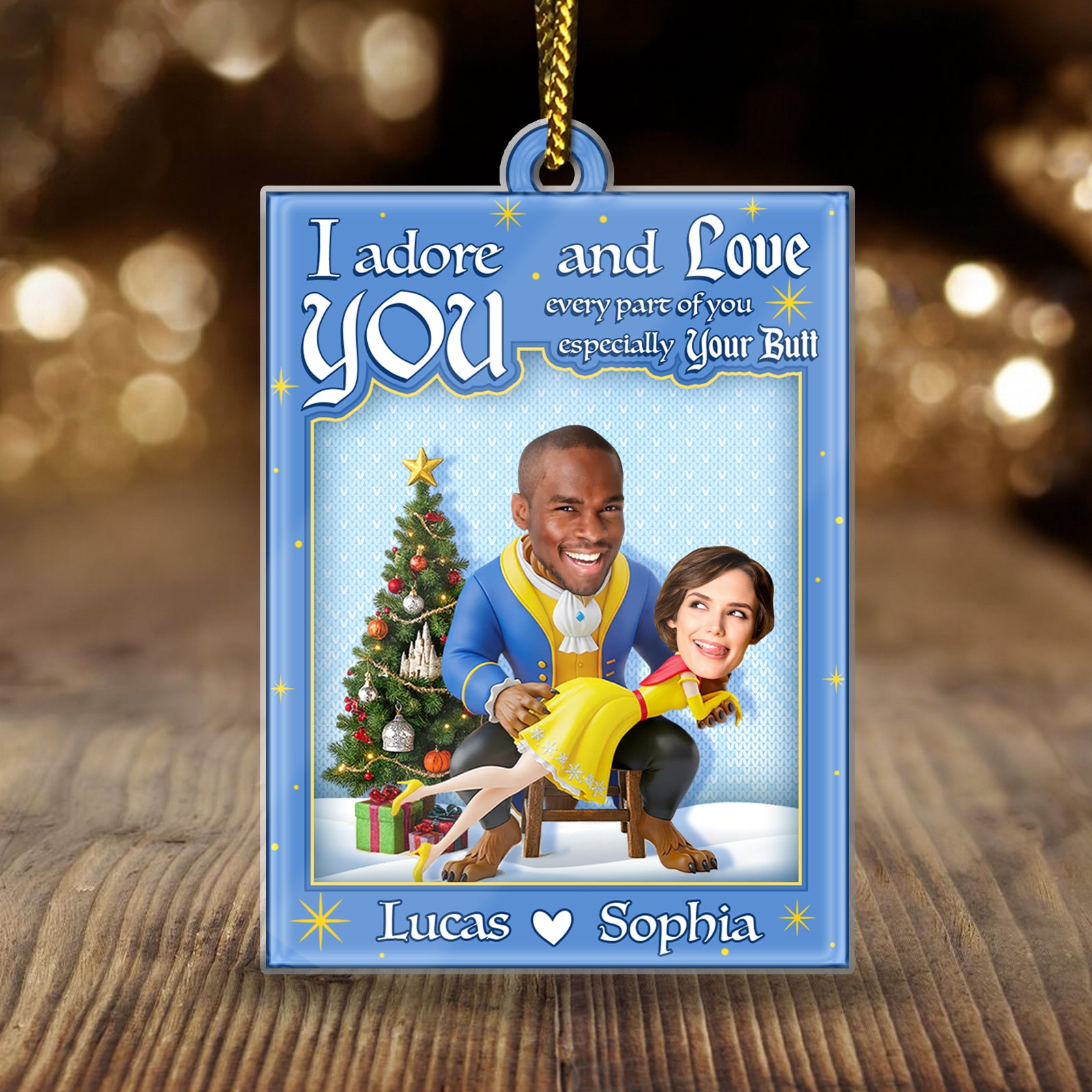 Personalized couple ornament featuring a playful design with names Lucas and Sophia on a festive background