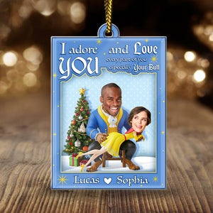 Personalized couple ornament featuring a playful design with names Lucas and Sophia on a festive background