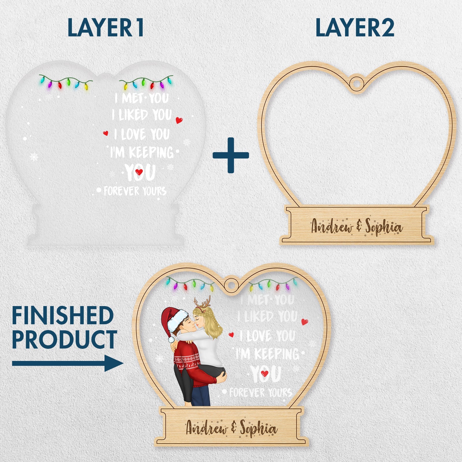 Personalized couple ornament with heart shape, custom names, and romantic holiday lights design