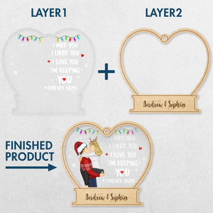 Personalized couple ornament with heart shape, custom names, and romantic holiday lights design