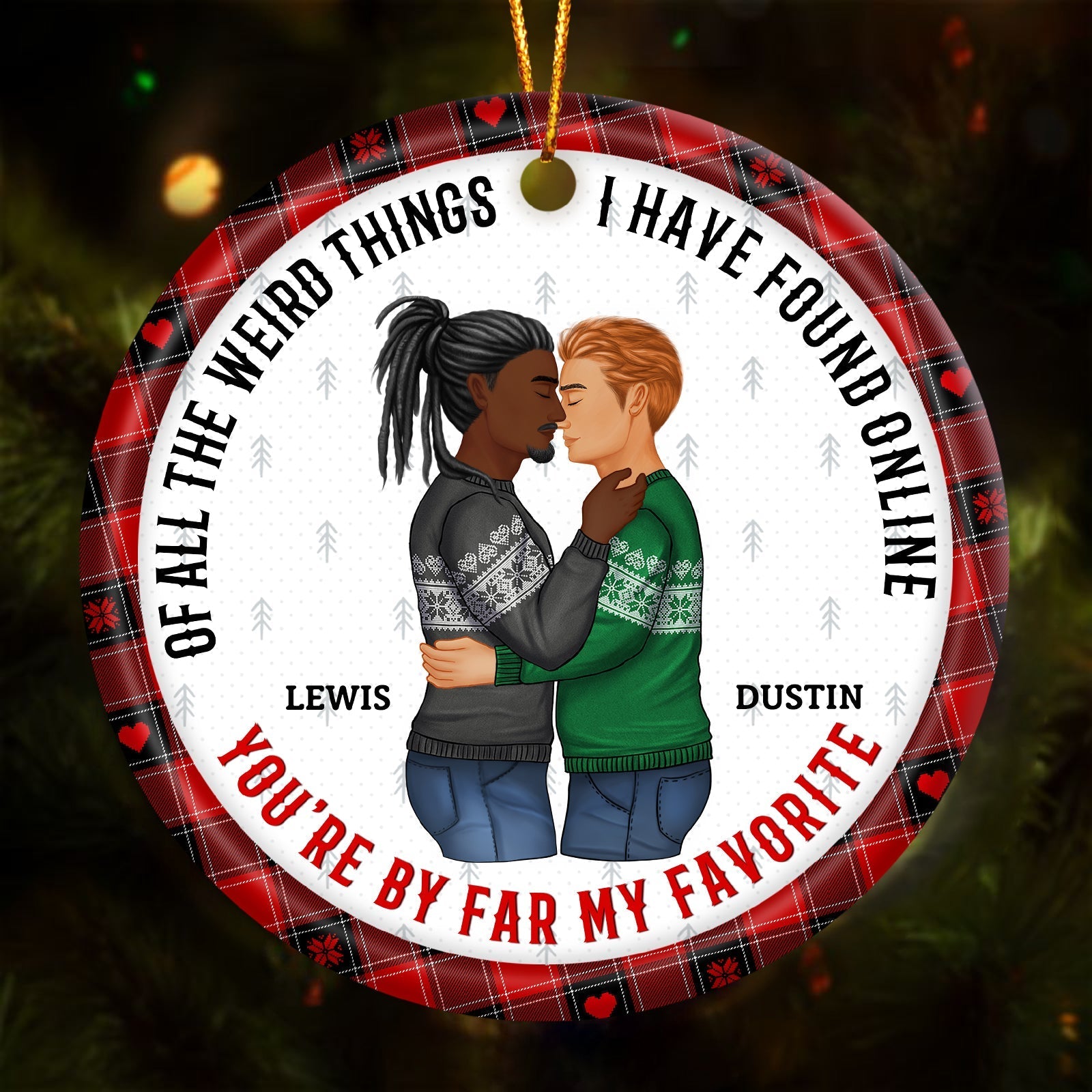 365Gifty personalized couple ornament with a romantic illustration and plaid border for festive decor