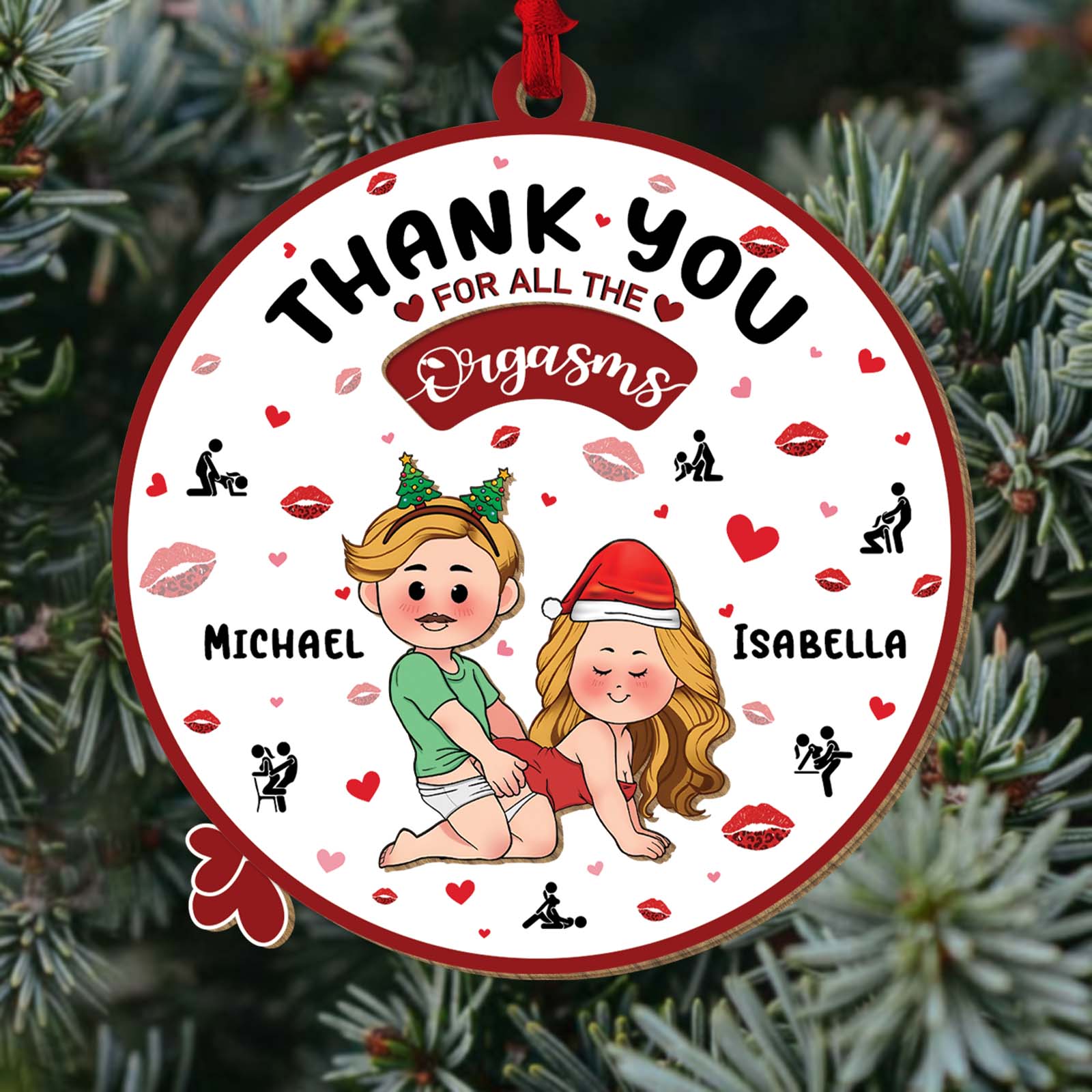 Personalized couple ornament featuring cute cartoon characters with names Michael and Isabella
