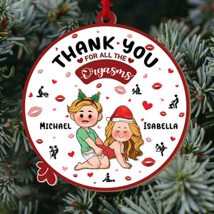 Personalized couple ornament featuring cute cartoon characters with names Michael and Isabella