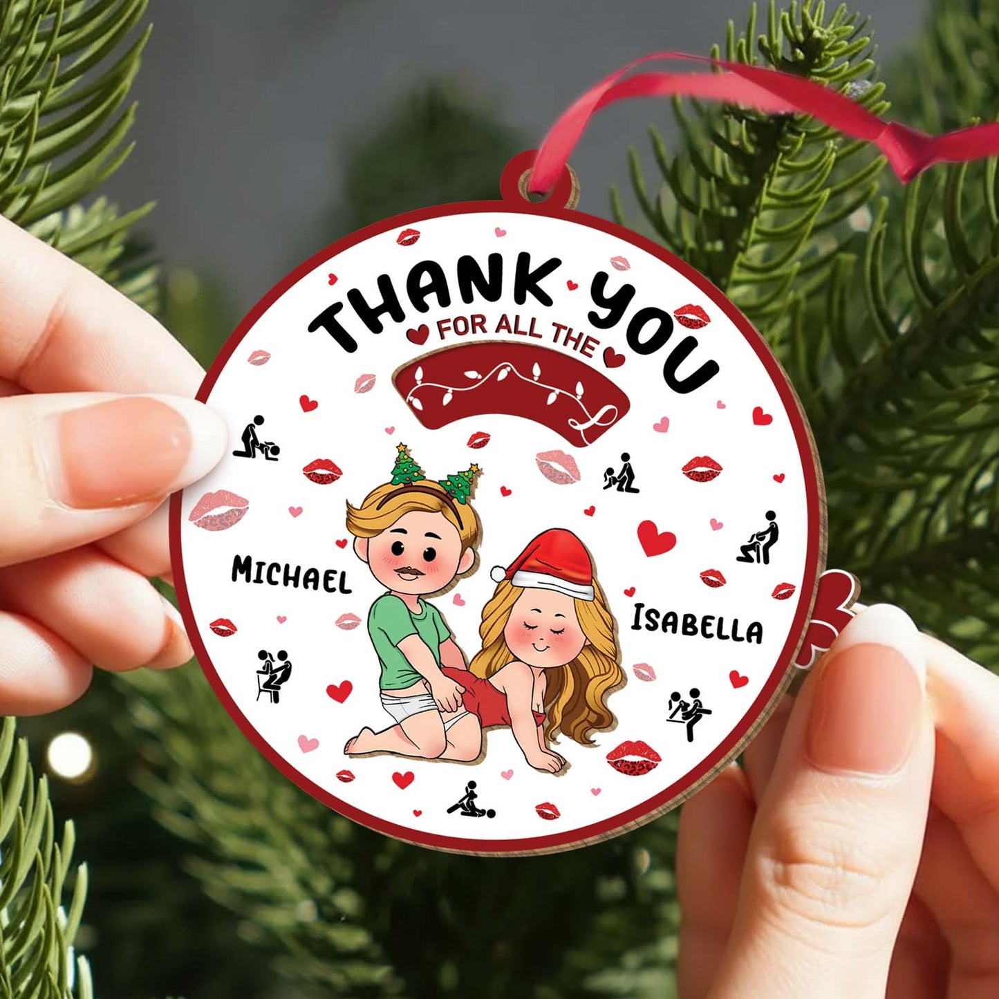 Personalized couple ornament featuring cute cartoon characters and text for a heartfelt gift