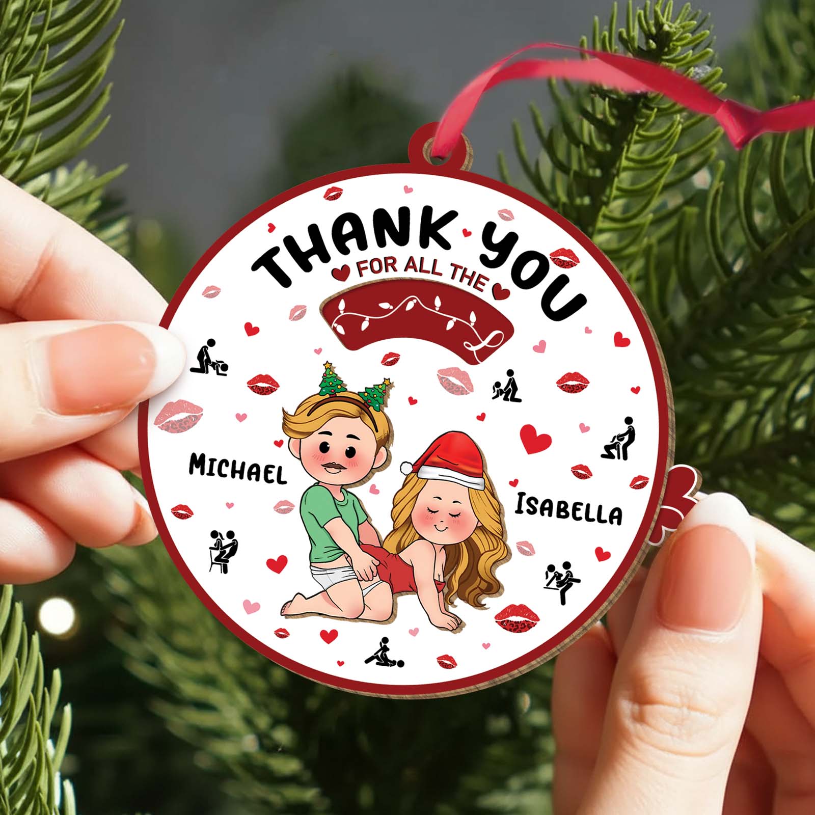 Personalized couple ornament featuring cute cartoon characters and text for a heartfelt gift