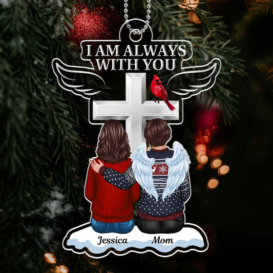 Personalized couple ornament with two figures and cross reading I am always with you by 365Gifty