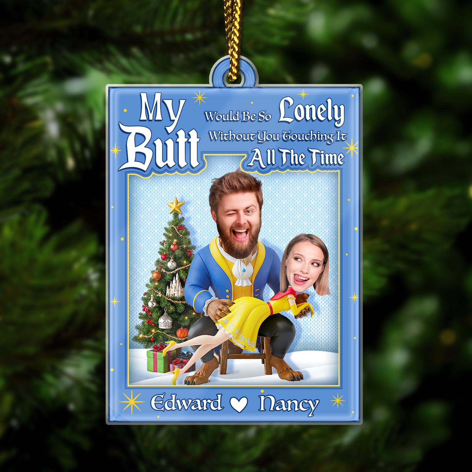 Personalized couple ornament featuring playful photo design with names Edward and Nancy for a festive touch