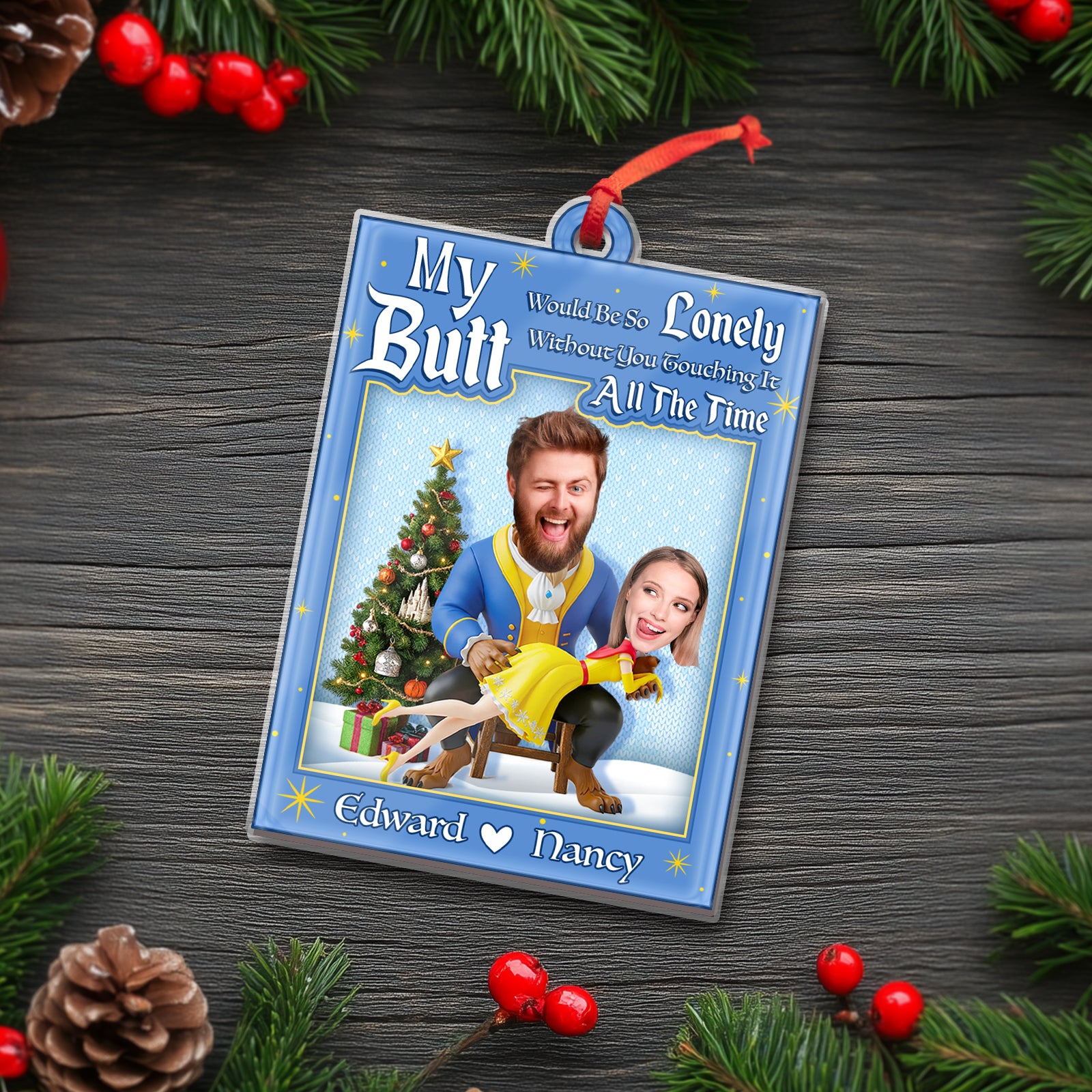Personalized couple ornament featuring a funny holiday design with custom names Edward and Nancy