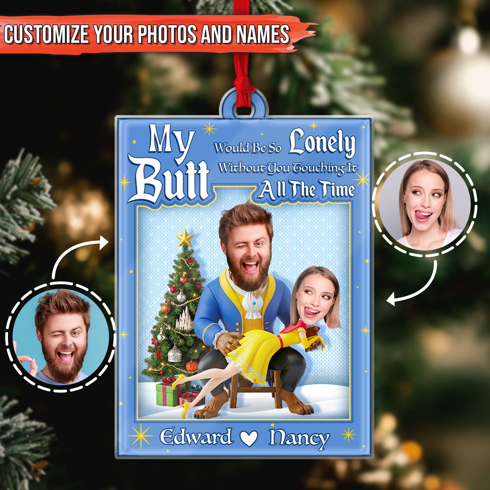 Personalized couple ornament with funny design and space for names Edward and Nancy