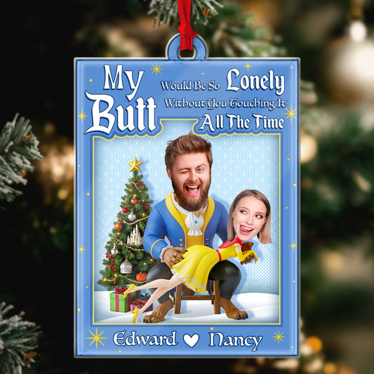 Personalized couple ornament with fun photo and text, perfect for holiday decorations