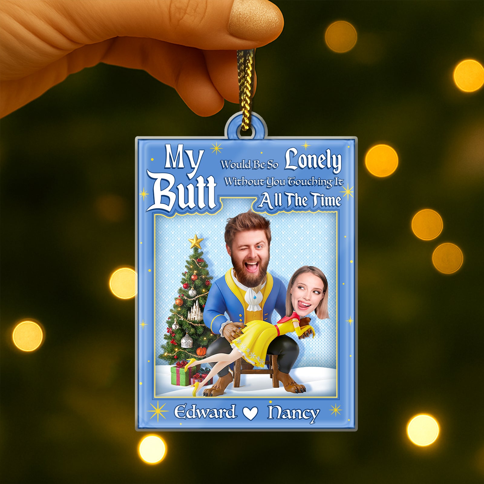 Personalized couple ornament featuring a fun photo of a couple with a festive background
