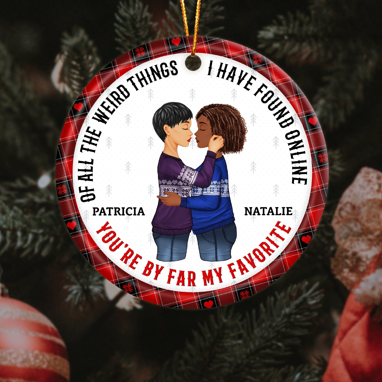 365Gifty personalized couple ornament featuring a couple hugging with plaid border and custom names Patricia and Natalie