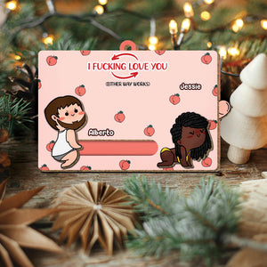 Personalized couple ornament with cute cartoon characters and custom names Alberto and Jessie on peach background