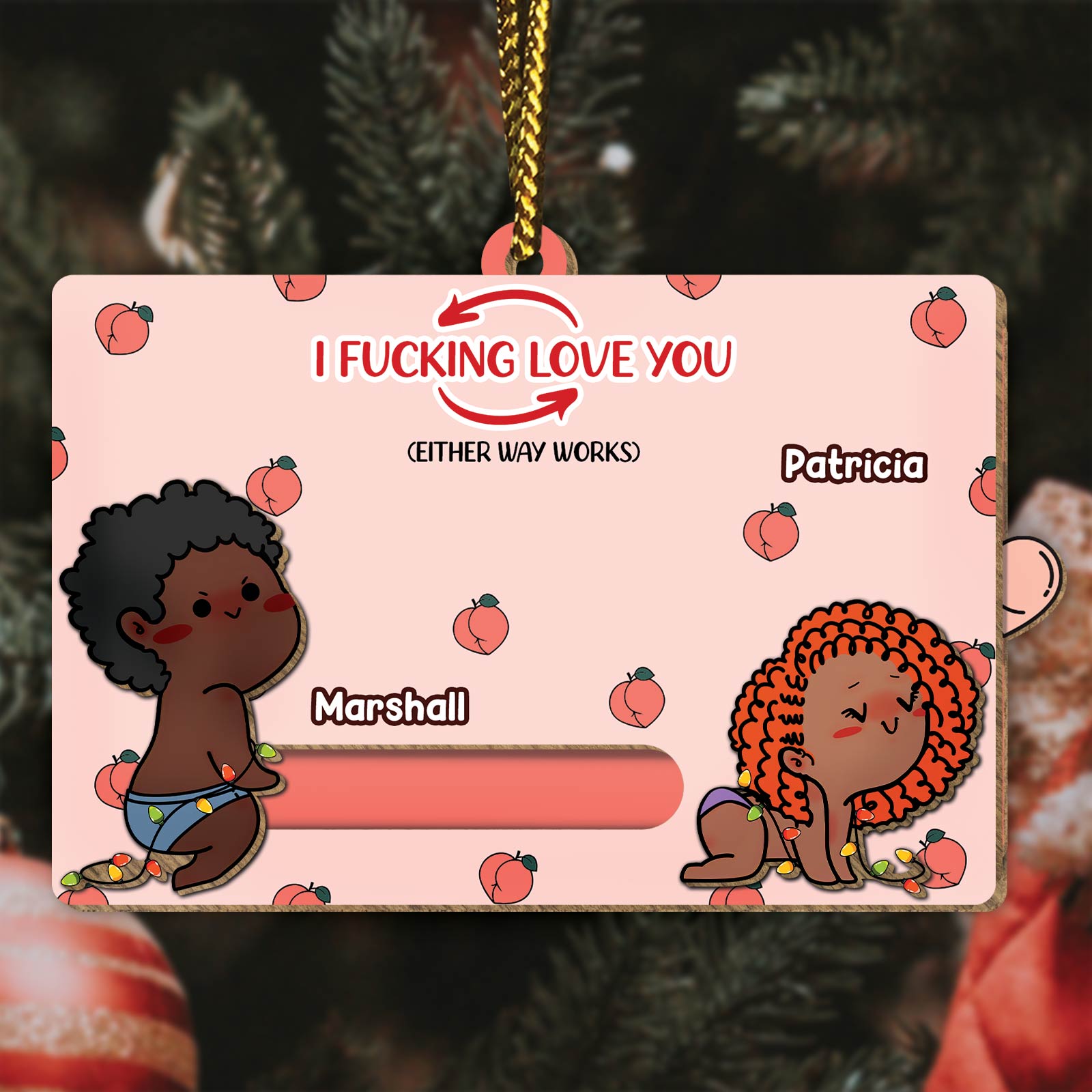Personalized couple ornament with cartoon couple and text I fucking love you either way works