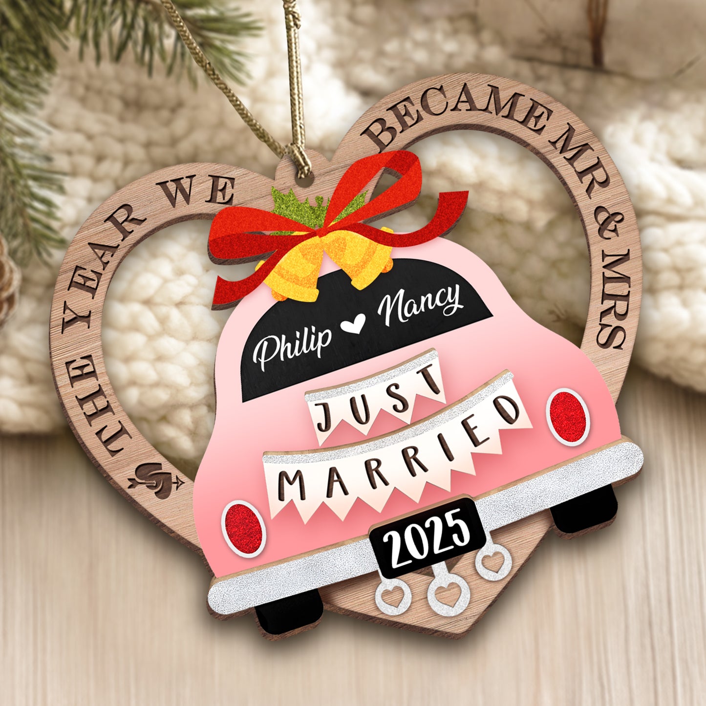 Personalized couple ornament featuring a pink wedding car with names and a Just Married sign