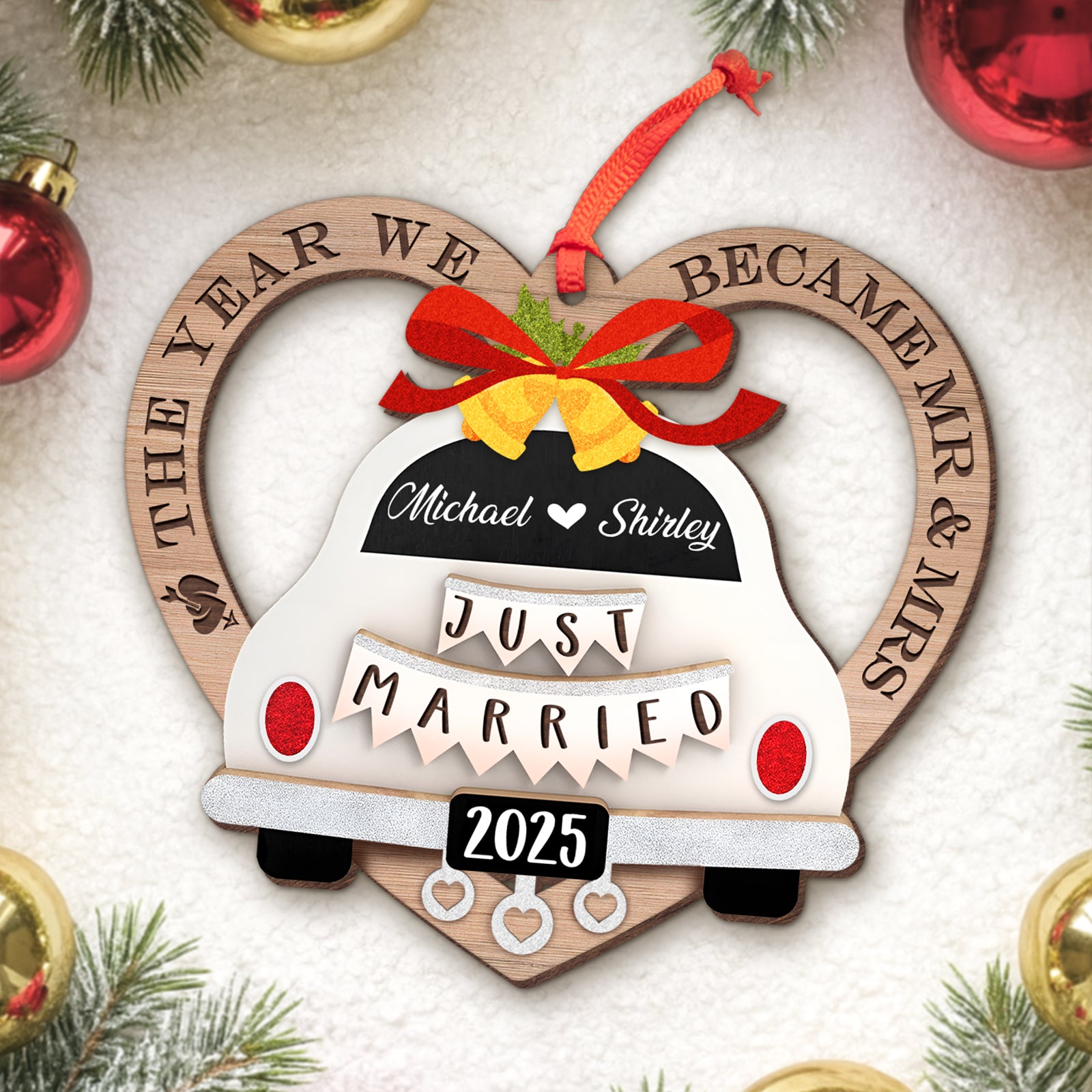 Personalized couple ornament featuring a wedding car design with names and the year 2025