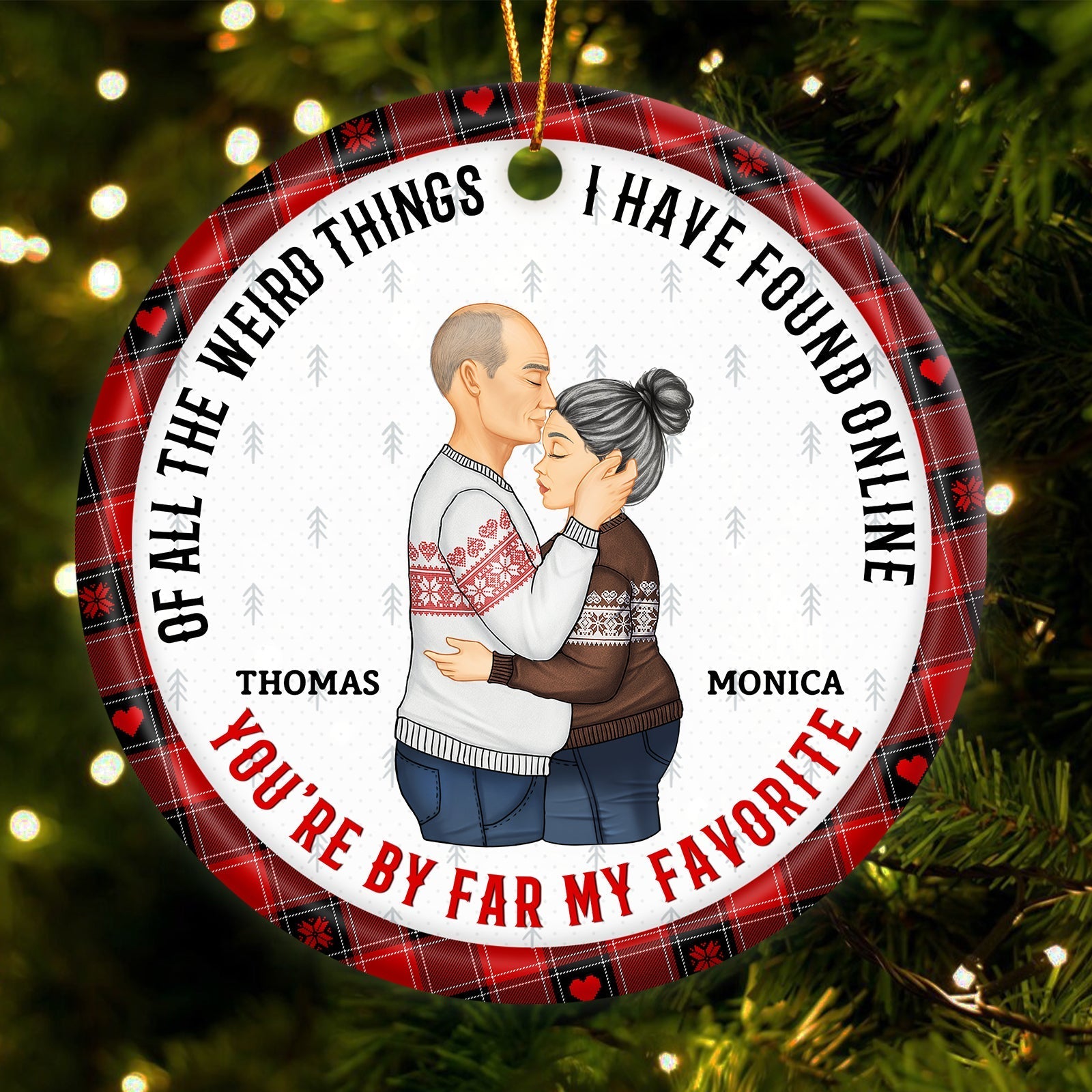 Personalized couple ornament with custom names Thomas and Monica featuring a loving couple hugging