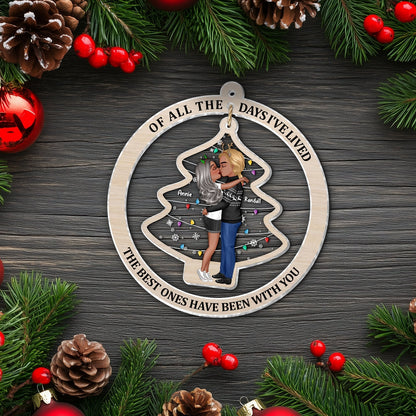 365Gifty personalized couple ornament featuring a kissing couple inside a Christmas tree shape with holiday decorations