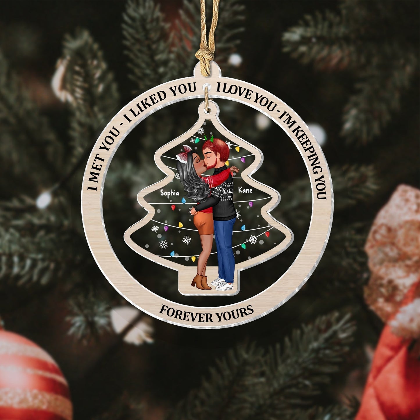 365Gifty personalized couple ornament featuring a kissing couple inside a Christmas tree frame with romantic text