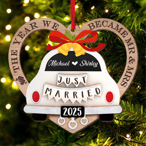 Personalized couple ornament featuring a car design with names and wedding year for couples celebrating their marriage