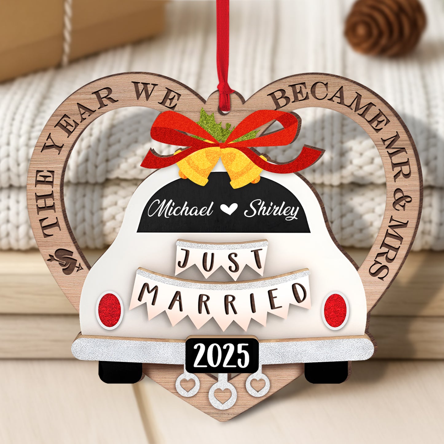 Personalized couple ornament shaped like a wedding car with names and the year 2025