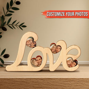 Wooden love photo frame with heart cutouts displaying a personalized couple photo for custom gifts