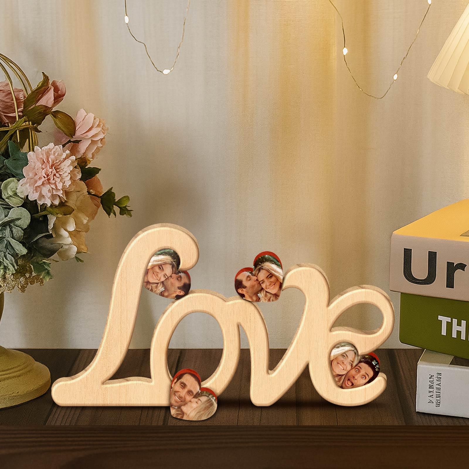 Wooden love photo frame decorated with a personalized couple photo in heart shapes by 365Gifty