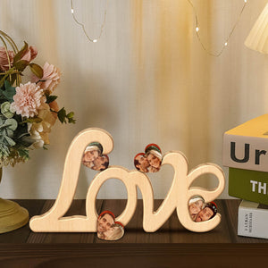 Wooden love photo frame decorated with a personalized couple photo in heart shapes by 365Gifty