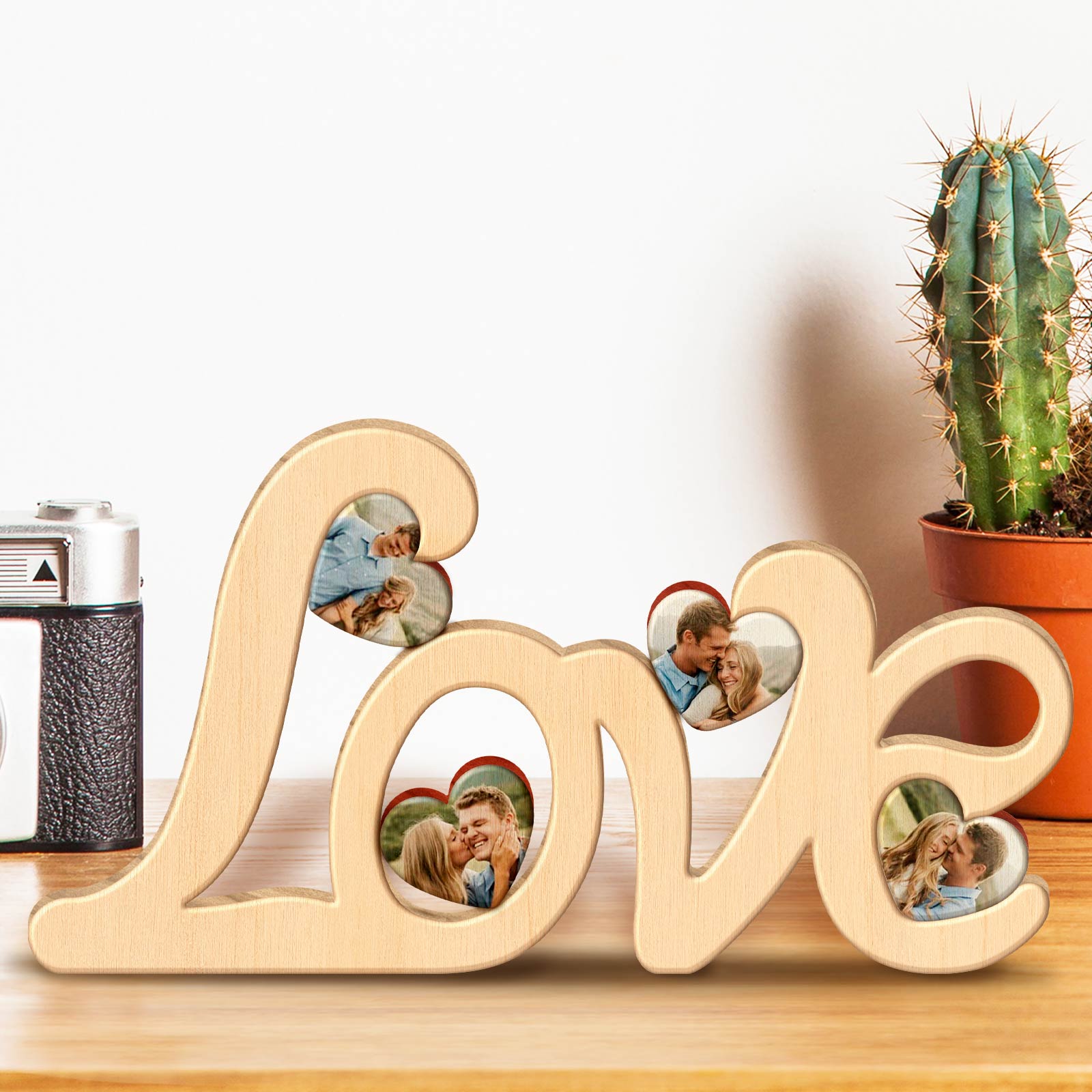 Wooden love photo frame displaying a personalized couple photo in each letter for romantic decor