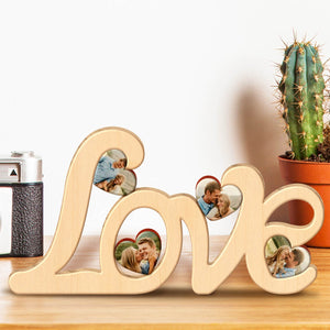 Wooden love photo frame displaying a personalized couple photo in each letter for romantic decor