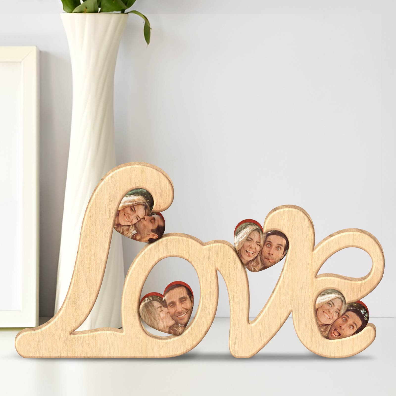 Wooden love photo frame featuring a personalized couple photo in heart-shaped cutouts
