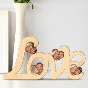 Wooden love photo frame featuring a personalized couple photo in heart-shaped cutouts