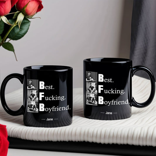 Personalized couple photo mug set featuring black mugs with romantic designs and customizable names