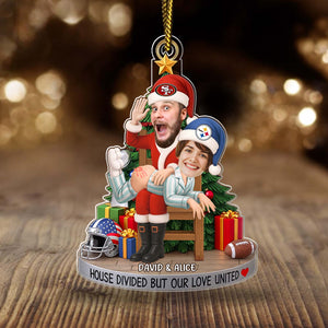 Personalized couple photo ornament featuring a holiday theme and custom names David and Alice