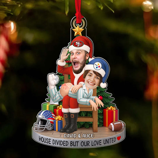 Personalized couple photo ornament featuring fun holiday designs and custom names David and Alice