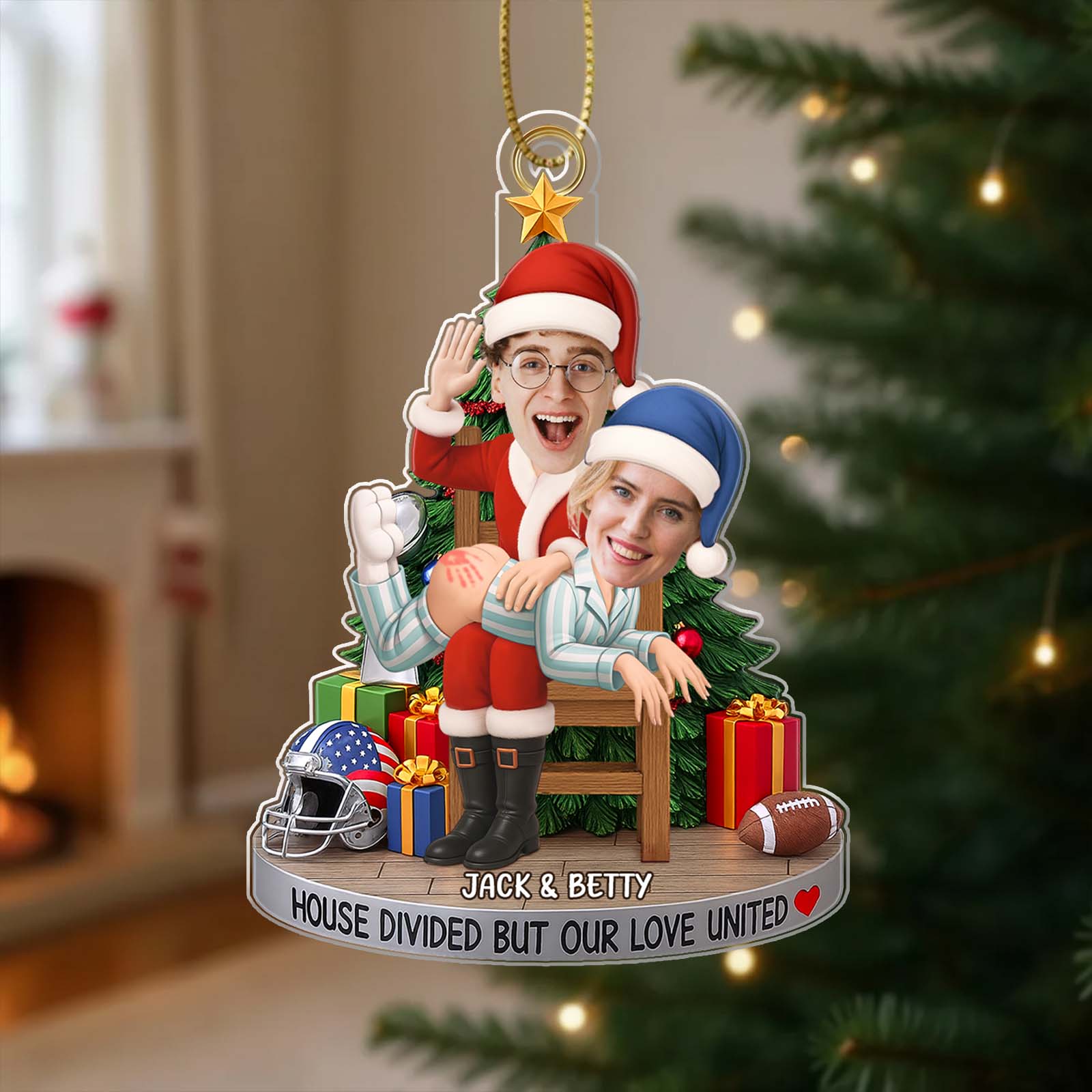 Personalized couple photo ornament with festive design and custom names for holiday celebrations