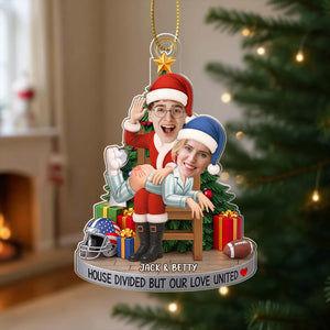 Personalized couple photo ornament with festive design and custom names for holiday celebrations