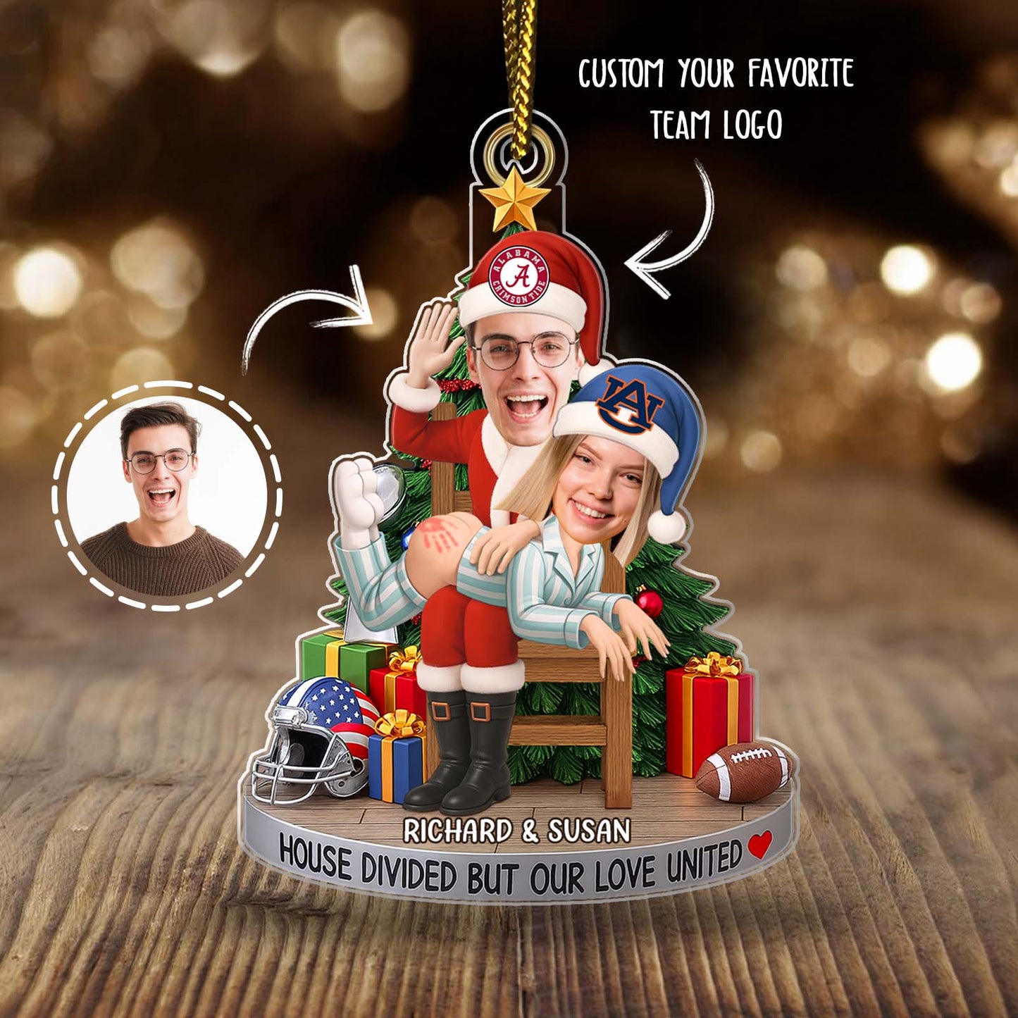 Personalized couple photo ornament featuring two characters with custom team logos and festive gifts