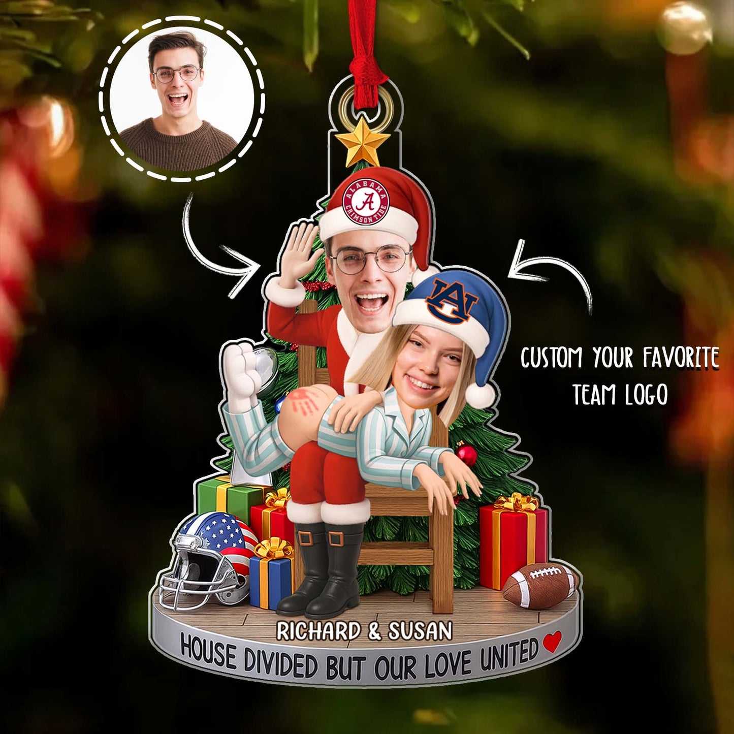 Personalized couple photo ornament featuring a festive design with custom team logos for holiday cheer
