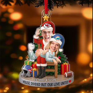 Personalized couple photo ornament featuring Richard and Susan with holiday decor and team colors