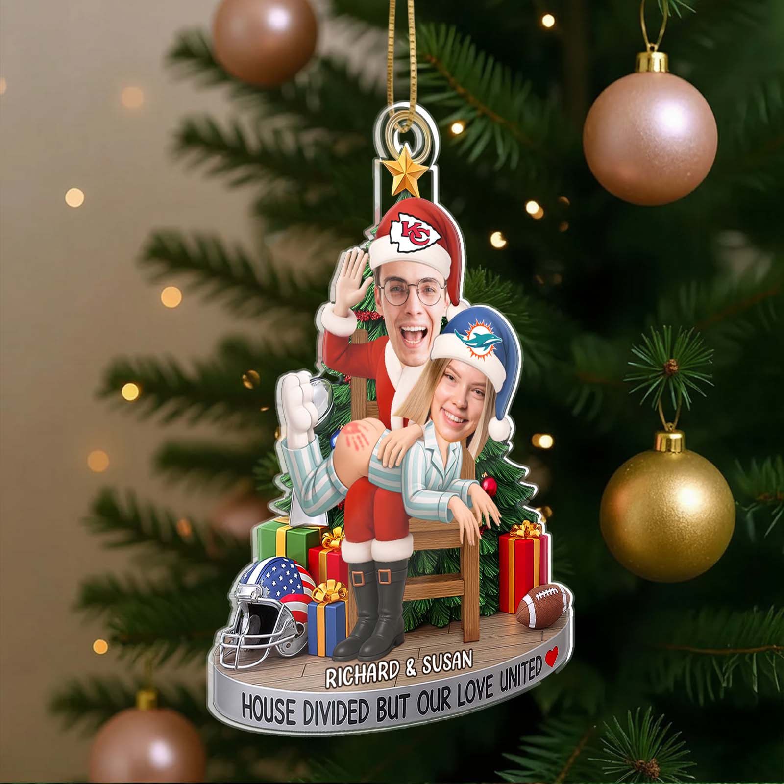 Personalized couple photo ornament featuring Richard and Susan with festive decorations and sports themes