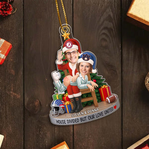 Personalized couple photo ornament featuring festive design for unique holiday decoration