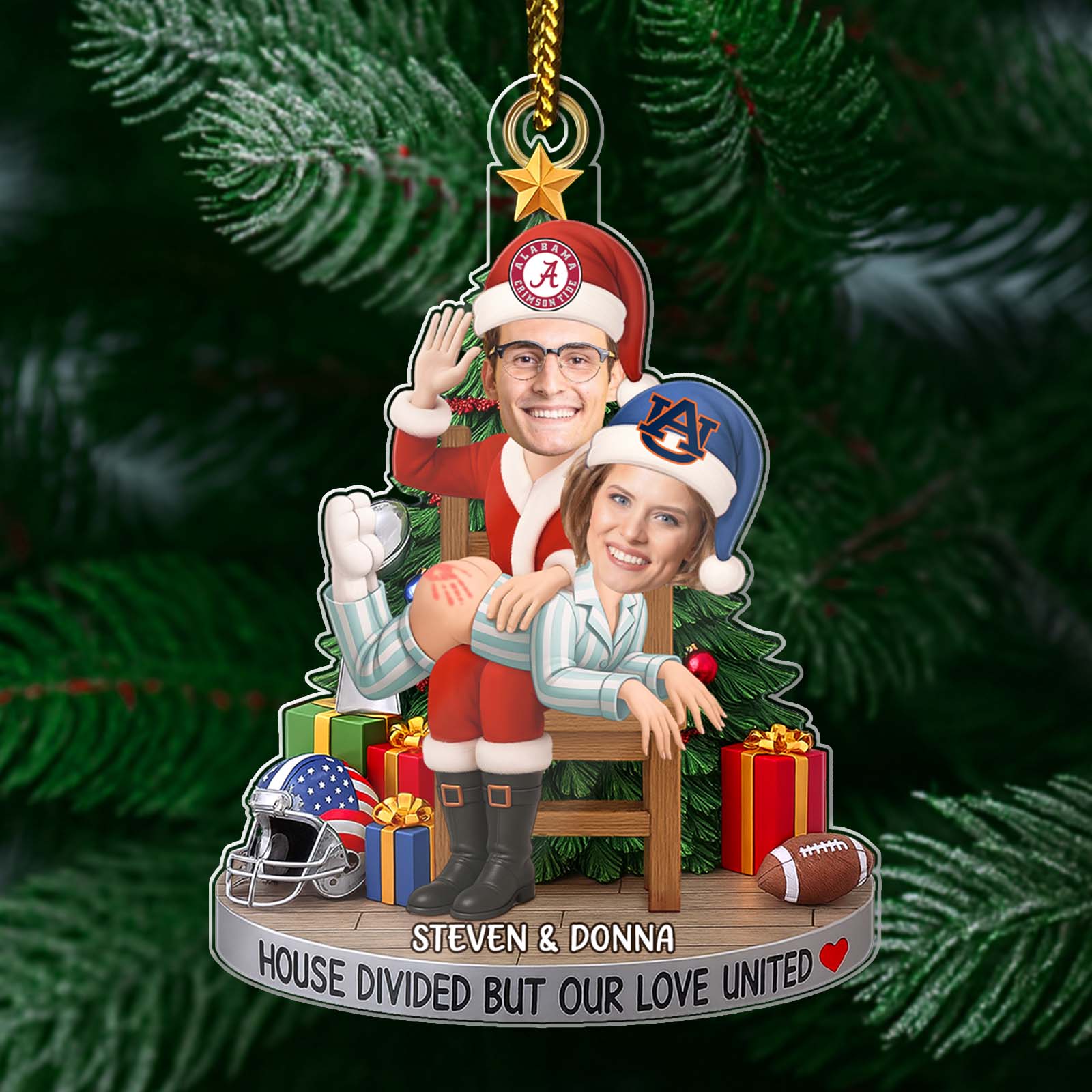 Personalized couple photo ornament featuring festive couple with sports team hats and Christmas decorations
