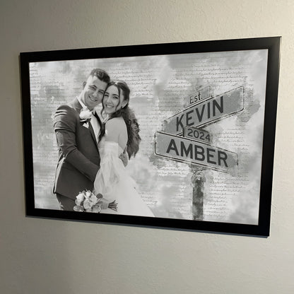 Personalized couple poster by 365Gifty featuring a black and white photo of a bride and groom with street signs showing names Kevin and Amber